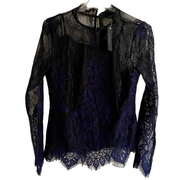 Adiva Blue Lace High Neck Long Sleeve Top with Built in Cami Womens Medium NEW - Picture 6 of 10